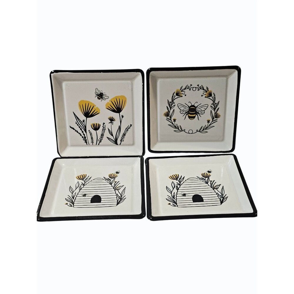 Set of 4 Decorative Metal Square Coaster Set Trinket Ring Dish Bee Hive Floral - Picture 3 of 8